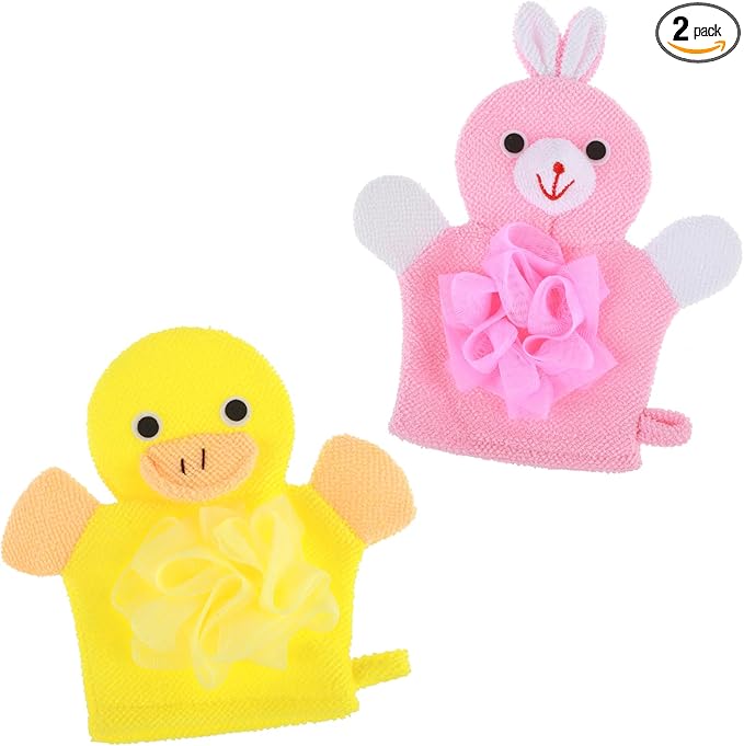Bath Gloves Loofah for Kids, 2 Pcs Toddler Shower Sponges Body Scrubber, Cartoon Exfoliating Gloves, Cute Animal Washcloths Gloves for Body and Face Easy Lather (Yellow Duck and Pink Rabbit)