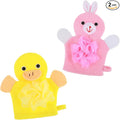 Bath Gloves Loofah for Kids, 2 Pcs Toddler Shower Sponges Body Scrubber, Cartoon Exfoliating Gloves, Cute Animal Washcloths Gloves for Body and Face Easy Lather (Yellow Duck and Pink Rabbit)