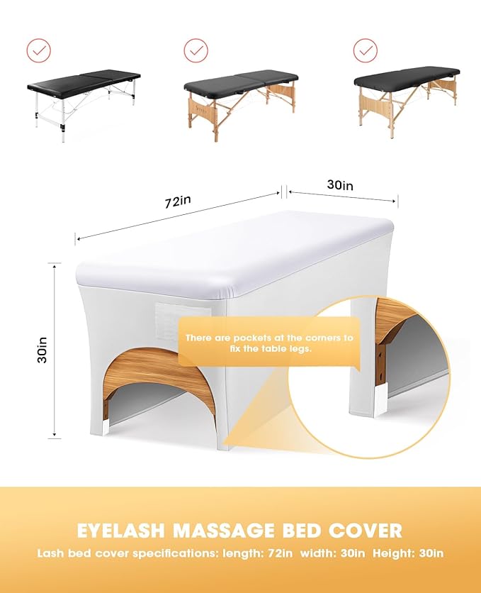 Onism Lash Bed Cover for Eyelash Extensions - Professional 6ft Massage Table Cover with Side Storage Pocket, Waterproof PU Leather & Stretchy Spandex Sides, Wipeable Spa Bed Sheets (White)