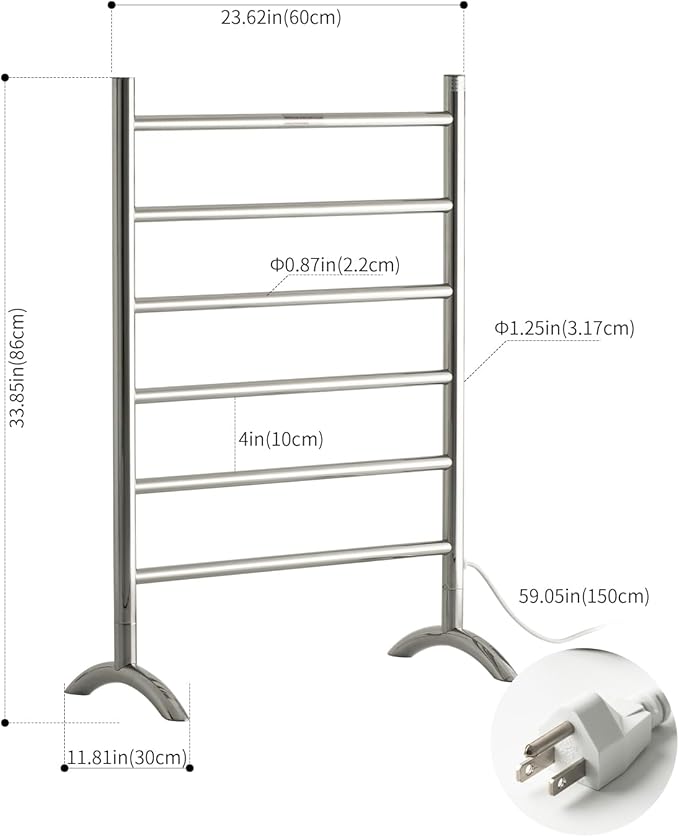Freestanding Towel Warmer 6 Bars Plug-in Option 3 Working Modes with Top-Mounted Timer Mirror Polished Stainless Steel 24” W 34” H