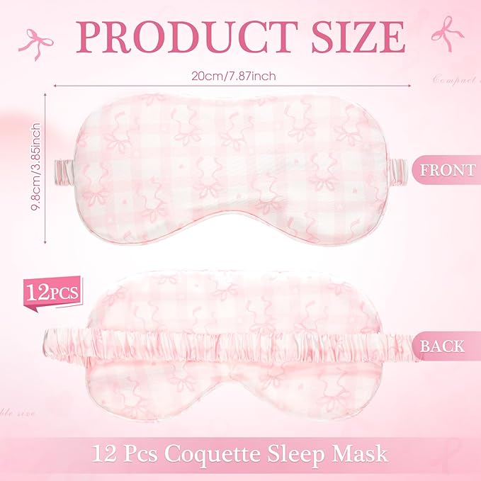 Honeydak 12 Pcs Silk Sleep Masks for Women Girls Pink Bow Party Favors Adjustable Eye Masks for Birthday Sleepover Spa Sweet 16 Party Gifts