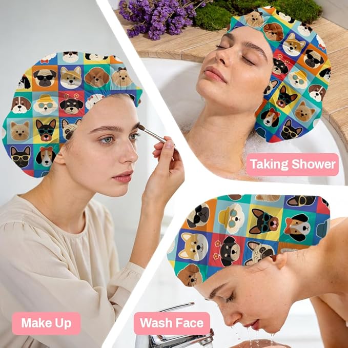 Funny Dog Reusable Shower Cap Cute Double Layer Waterproof Shower Caps Large Elastic Hair Cover Adjustable Hair - Drying Caps for Woman Man Bath SPA Travel One Size Fits Most