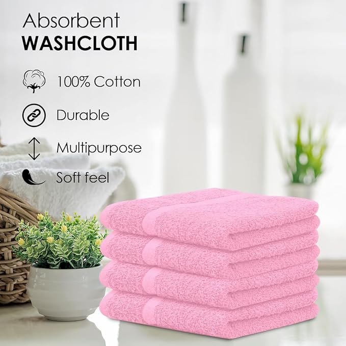 Avalon Towels Cotton Washcloths 24-Pack – 12 x 12 Inch Pink Super Soft & Absorbent Ring-Spun Cotton Wash Cloths for Face, Bath, Spa, Gym, Hotel & Cleaning