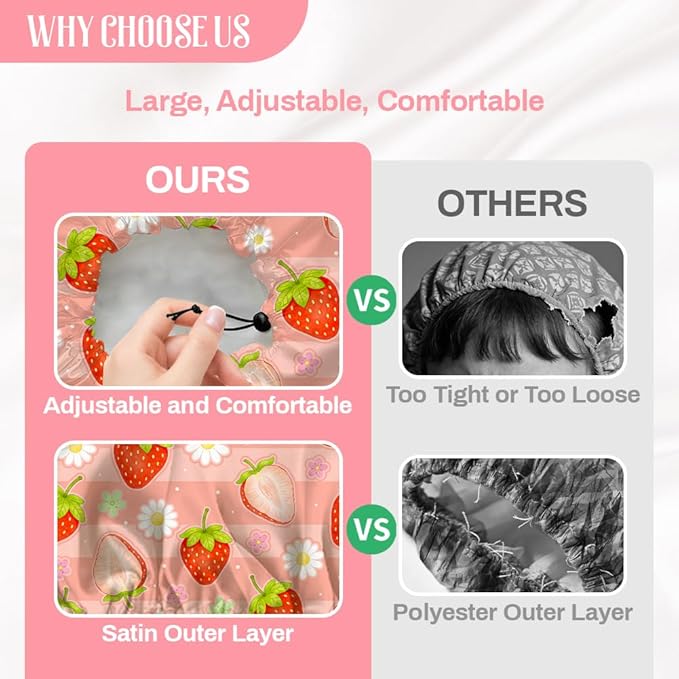 Strawberries Reusable Shower Cap Cute Fruit Double Layer Waterproof Shower Caps Large Elastic Hair Cover Adjustable Hair - Drying Caps for Woman Bath SPA Travel One Size Fits Most