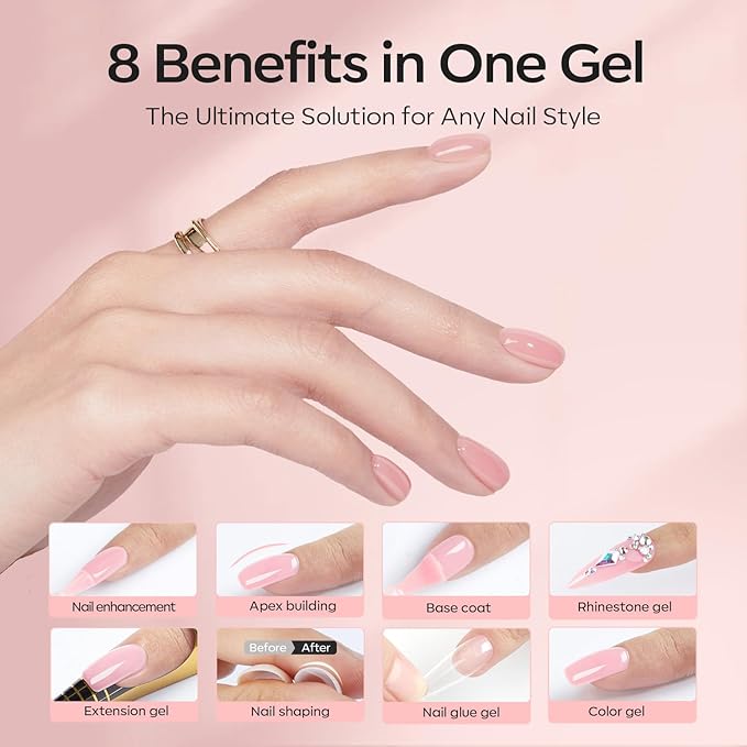 modelones Builder Nail Gel with Gel Top Coat, 8-In-One Nude Pink Builder Acid Free Top Coat for Color Rubber Base Nail Polish Thickening Apex Building Shine Finish, LED Lamp Cured 10ml Home DIY Salon