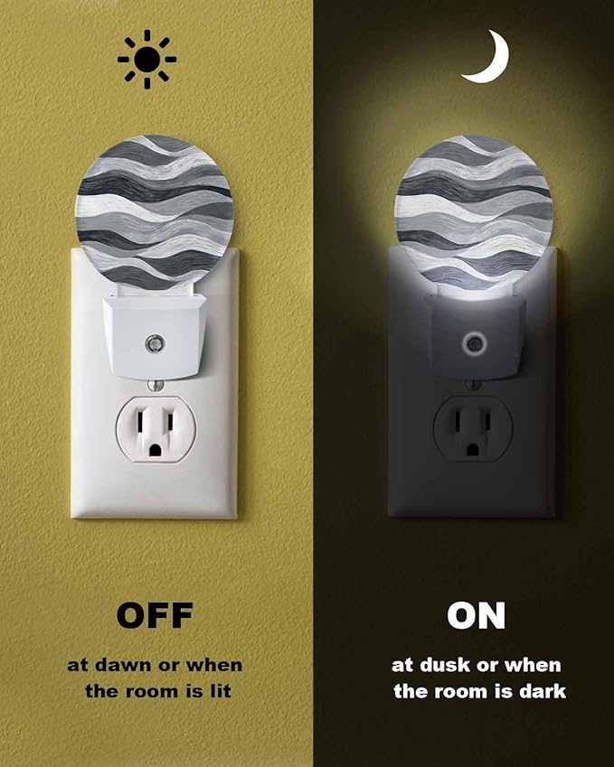 Night Lights Auto Sensor Grey Ocean Waves Night Light Abstract Mountain Stripes Round Lamp Plug-in LED Nightlights Dusk to Dawn for Living Room Bedroom Bathroom Hallway Wall Decor
