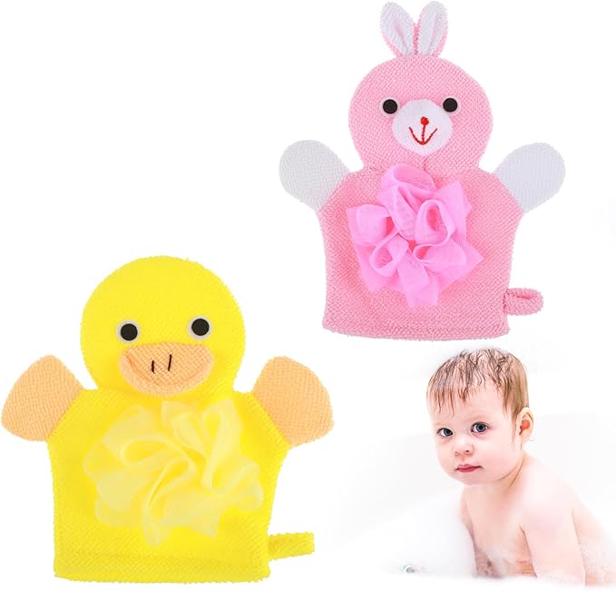 Bath Gloves Loofah for Kids, 2 Pcs Toddler Shower Sponges Body Scrubber, Cartoon Exfoliating Gloves, Cute Animal Washcloths Gloves for Body and Face Easy Lather (Yellow Duck and Pink Rabbit)