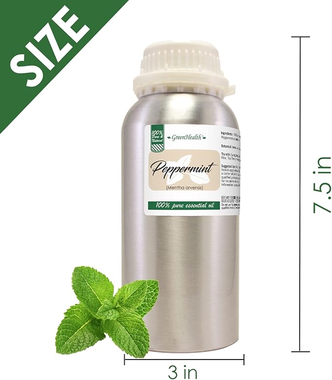 GreenHealth Peppermint Essential Oil – 4 Pack (16 fl oz Each) – 100% Pure & Uncut – Strong Menthol Scent – Aluminum Bottles for Diffusers, Cleaning, DIY Use