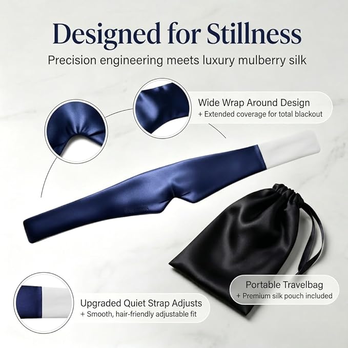 Silk Sleep Mask for Side Sleepers, Blackout Light Blocking Eye Mask for Sleeping, 100% 22 Momme Mulberry Silk, Full Coverage Face-Hugging Sleep Mask for Travel, Naps & Shift Workers, Blue