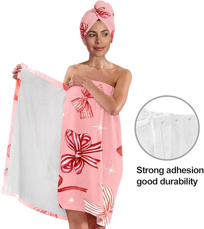 Pink Bow Bath Wrap and Hair Drying Cap Set – Soft Quick Dry Shower Skirt with Elastic Band, Absorbent Microfiber Spa Towel for Women, Gym, Dorm, Travel (Bow 6)
