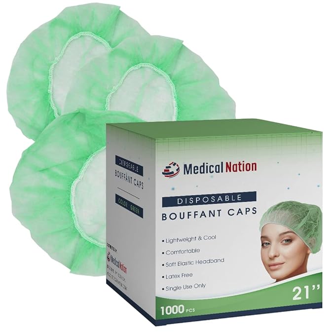 Medical Nation 21" Disposable Bouffant Caps Hair Net | CASE OF 1000, Green | Hairnets, Non-Pleated Head Hair Covers |For Medical, Labs, Nurse, Tattoo, Food Service, Hospital, Cooking - Size 21" Green