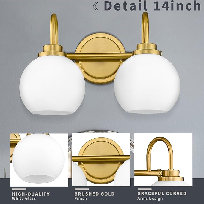 AKEZON Bathroom Light Fixtures 2-Light Brushed Gold Vanity Light, Modern Bathroom Wall Sconce with Milky White Frosted Glass Shade for Mirror Bedroom Hallway