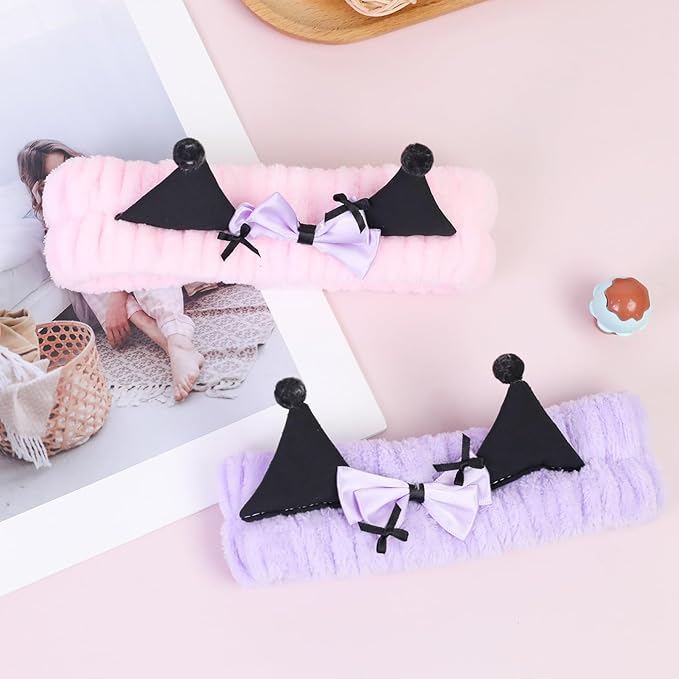 Spa Headband for Washing Face, 2 Pack Cute Hair Band for Shower Yoga Beauty, Fluffy Makeup Headband, Kawaii Facial Headbands for Woman Girls,Purple+Pink Ear