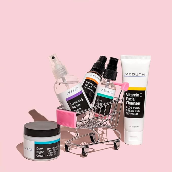 YEOUTH Skin Care Set: Hyaluronic Acid Serum for Face | Vitamin C Facial Serum | Face Cleanser | Skincare Toner & Cream | Hydrating Skin Care Gift Set 5-Piece
