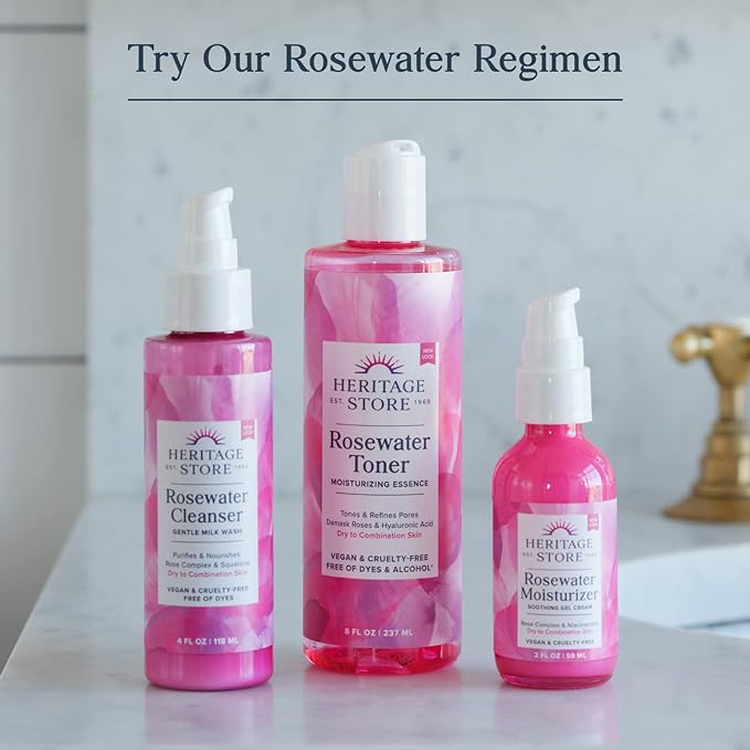 HERITAGE STORE Rosewater & Glycerin Hydrating Facial Mist - Dry Combination Skin Care - Rose Water Spray w/Vegetable Glycerine, Made Without Dyes or Alcohol, Hypoallergenic, 4 Fl Oz