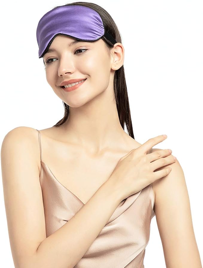 100% Mulberry Silk Sleep Mask Blackout, Cute Natural Sleeping Mask with Adjustable Elastic Strap, Satin Eye Cover for Men Women Adults (Purple)
