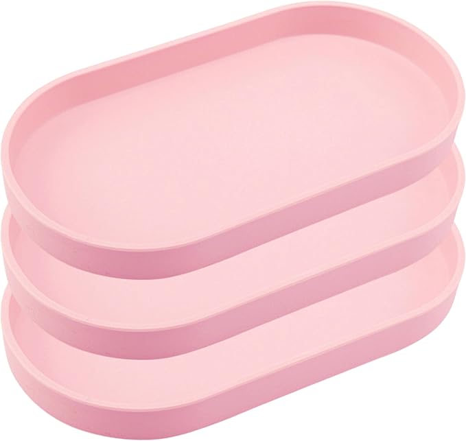 Pink Small Tray (10 inch), 3 Pack Oval Tray for Bathtub Bathroom Vanity Items, Countertop Organizer, Soap, Perfume.
