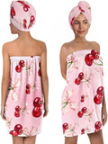 Women's Cherry Bow Shower Wrap and Hair Towel Set – Pink Quick Dry Microfiber Bath Wrap with Adjustable Closure – Cute Spa, Dorm, Gift Towel Set for Girls & Teens (Cherry 3)
