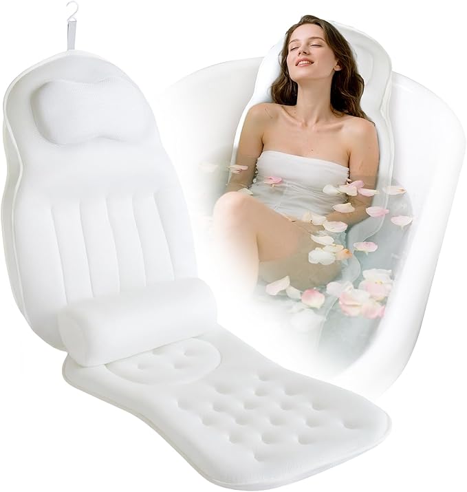Full Body Bath Pillow for Bathtub,Thick Bathtub Cushion Soft 5D Mesh Spa Cushion,Luxury Tub Pillow with Laundry Bag for Headrest Neck and Back Support,Gift for Soaking (White)