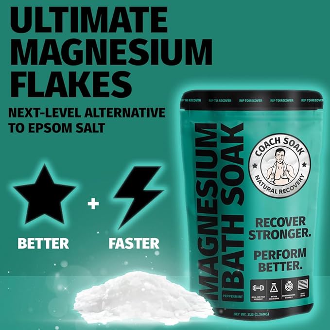 Coach Soak Recovery Bath Soak & Magnesium Cream - Bath Salt Eucalyptus (3 lb) & Magnesium Lotion Peppermint (3.4 oz) - Natural Recovery Cream & Fast-Absorbing Pure Flakes for Relaxing Muscle Support