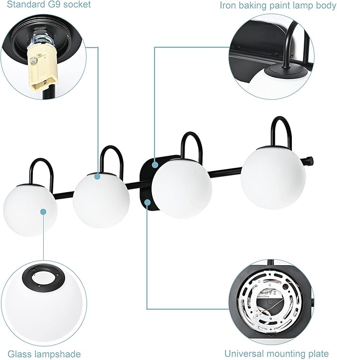 Vintage Bathroom Light Fixtures 4-Lights Black Mid Century Vanity Lights with Milk White Glass Globe Shade Vintage Wall Sconces Lighting Bath Vanity Lights Bar Over Mirror(Exclude G9 Bulb)