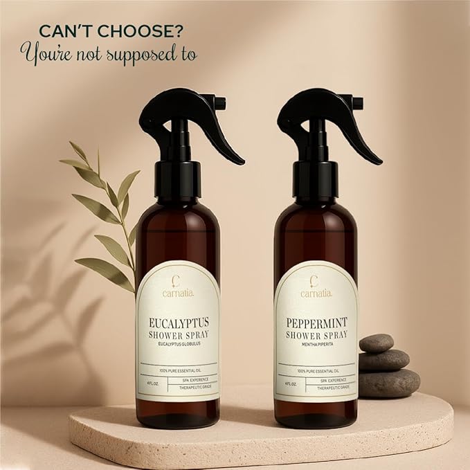 Carnatia Peppermint Shower Spray – Aromatherapy Essential Oil Mist for Showers | Spa-Like Refreshing Steam Experience | 4 fl oz Trigger Pump Spray for Focus & Energy