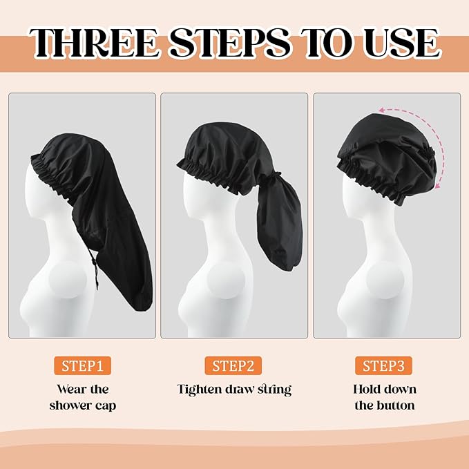 2 Pcs Large Shower Cap for Braids, Extra Long Shower Cap for Women Long Hair & Locs, Waterproof Hair Bonnets for Dreadlocks Drawstring Bath Caps for Women & Men (Black, Leopard)