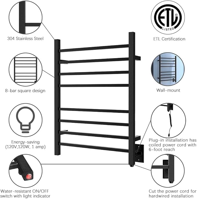 HEATGENE Towel Warmer, Heated Towel Warmer Rack, Wall-Mounted Hardwired/Plug-in Electric Towel Warmers for Bathroom, Hot Towel Rails - Matte Black