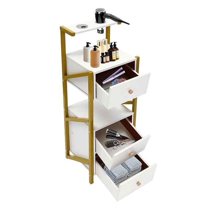 Beauty Salon Station Cabinet, Barber Station with 3 Drawer, Salon Organizer Storage Cabinet for Spa, Barber Store, Salon, Locker Room, Bathroom (White, Golden)