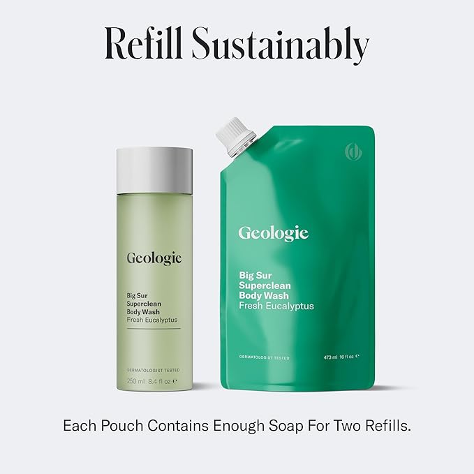 Geologie Big Sur Superclean Body Wash Refill Pack | Fresh Eucalyptus Natural Scent Shower Gel For Men & Women | Eco-Friendly 16 fl oz Refill Pouch 84% Less Plastic