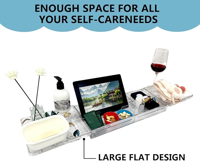 Large Capacity Adjustable Bath Tub Tray - Transparent Acrylic Rectangular Modern Bathroom Tray - Easy Clean, Sturdy Durability - Fits Most Bathtubs (Extended Edition)