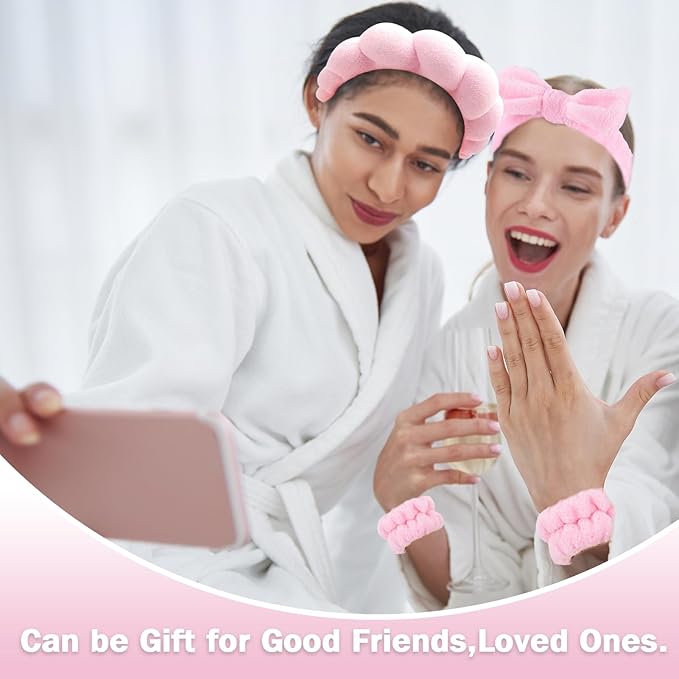 Zkptops 6Pcs Spa Headband for Washing Face Wristbands Set Women Bubble Makeup Sponge Terry Cloth Padded Puffy Skincare Headband Bow Tie Hairband Cute Non Slip Thick Hair Accessory Gifts(Pink)