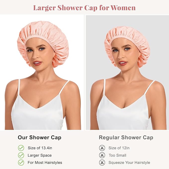 Shower Cap for Women Waterproof Reusable, Large Shower Cap Non-Slip with Elastic Band, Washable Bath Hair Hat for Long Hair, Braids (Flesh Pink)