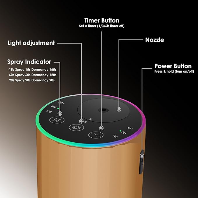 Waterless Essential Oil Diffuser, 7 Colors LED Light, Battery Powered Mini Scent Air Machine, Aromatherapy Mist Diffuser for Home Room Car Office，Black Aluminum Alloy (Black) (Gold)