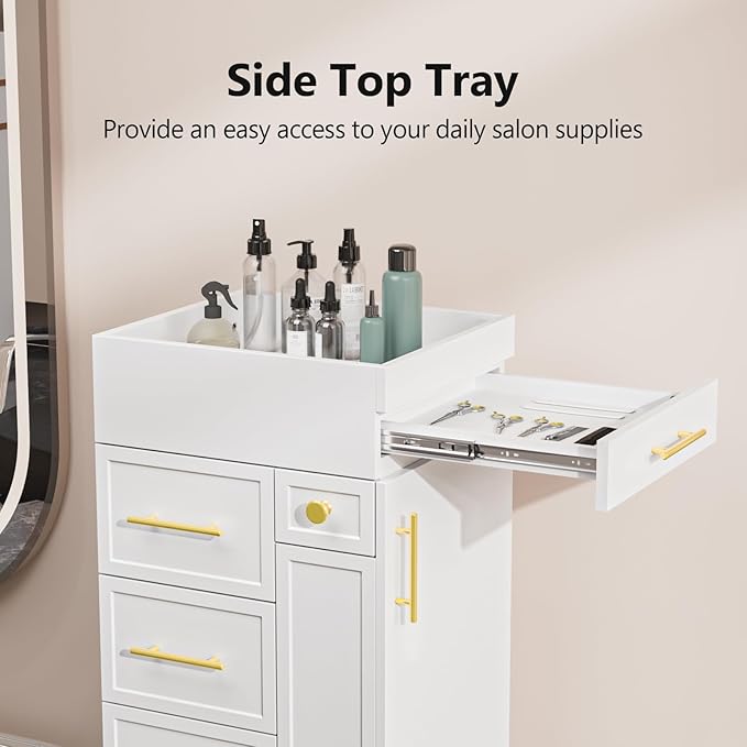OmySalon Salon Trolley Cart, Hair Styling Station with 5 Drawers, 3 Tool Holders & Adjustable Shelf, Mobile Storage Cabinet Utility Trolley for Barber, Beauty Spa, Home (White)