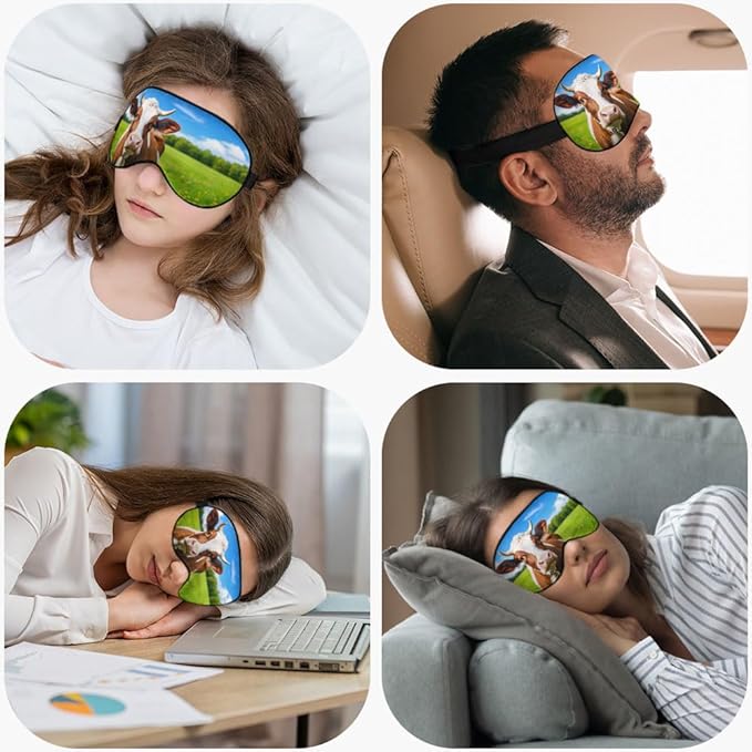 Cows Sleep Mask Eye Mask Fresh Grass Blue Sky White Clouds Sleep Mask Light Blocking Adjustable Smooth Soft Eye Masks for Women Deep Rest Travel