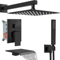 Midanya Shower System with Tub Spout,Bathtub Shower Faucet Set with Square Rainfall Head and Handheld Sprayer Wall Mount Tub Faucet Set with Valve and Trim Kit,12 Inch Matte Black