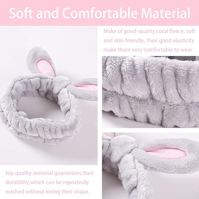 musejoy 2 Pcs Headband Bunny Ears Headband, Cute Spa Headbands for Washing Face Skincare Makeup Headbands for Women Girls Trendy Stuff Present Soft Coral Fleece Hair Accessories(Purple+Pink)