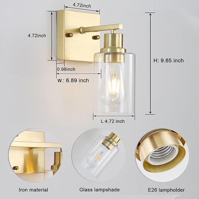 1-Lights Gold Bathroom Light Fixture, Brushed Brass Vanity Light with Clear Glass Shade, Modern Bath Wall Lights for Living Room, Hallway, Bedroom