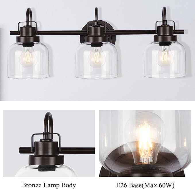 Bronze Bathroom Vanity Lights, 3-Light Vanity Light Fixtures for Bathroom, Oil Rubbed Bronze Vanity Light with Clear Glass Shade, Wall Sconces Lighting for Bathroom, Living Room, Hallway(E26 Base)