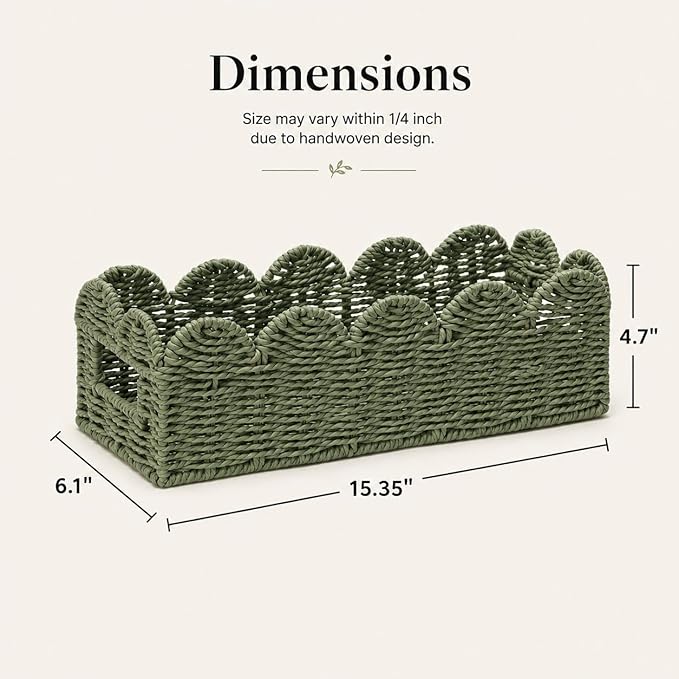 Scalloped Green Toilet Tank Basket for Back of Toilet, Wicker Bathroom Tray for Toilet Paper Storage, Bathroom Organizer for Tank Top, Countertop & Small Spaces