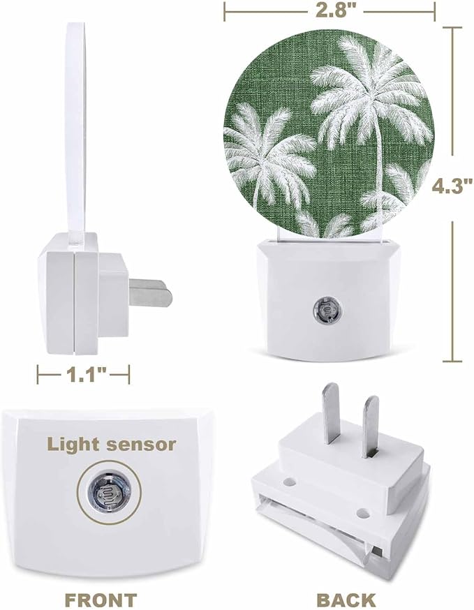 Night Lights Auto Sensor Tropical Palm Trees Night Light Forest Green Linen Coastal Round Lamp Plug-in LED Nightlights Dusk to Dawn for Living Room Bedroom Bathroom Hallway Wall Decor