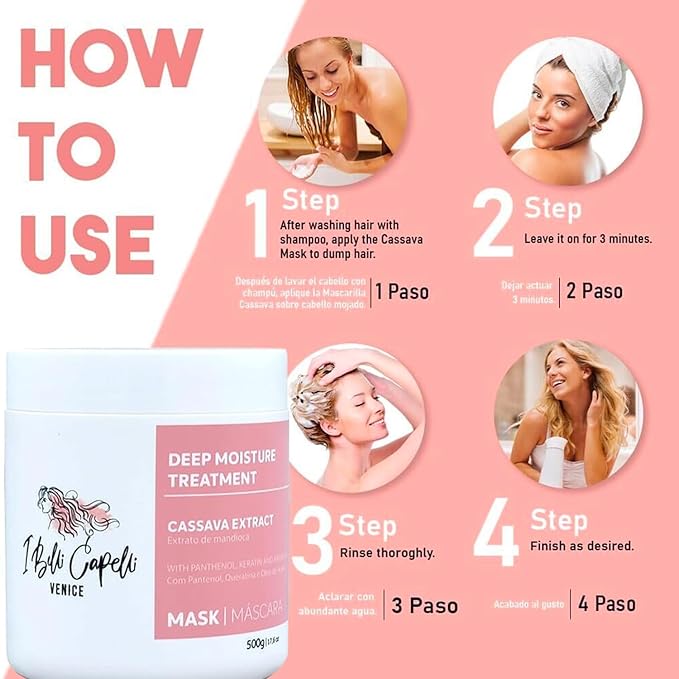 I Belli Capelli Venice Cassava Extract & Argan Oil Hair Mask - Anti-Frizz Keratin Hair Treatment for Dry Damaged Hair - Anti Breakage Hair Products for Women, Moisturizing, Repairing - 2x 17.6oz