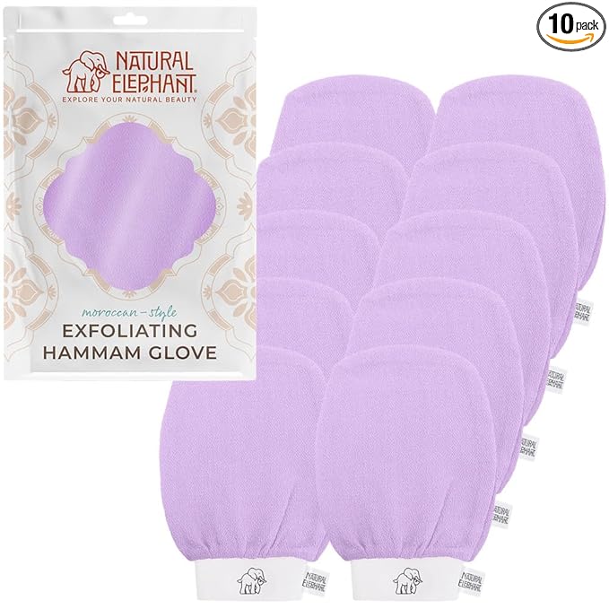 Natural Elephant Exfoliating Hammam Glove - Face and Body Exfoliator Mitt 5 and 10 Packs (Lovely Lilac (Pack of 10))