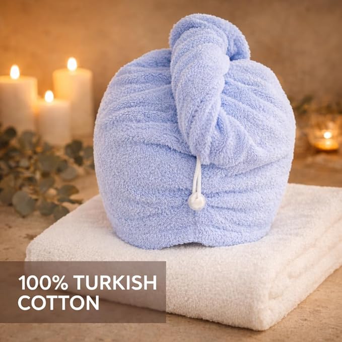 100% Turkish Cotton Hair Towel Wrap 2 Pack – Oeko-TEX Certified Quick Dry Turban for Wet Hair – Soft, Absorbent, Gentle on Curly & Long Hair – 10x26 Inch