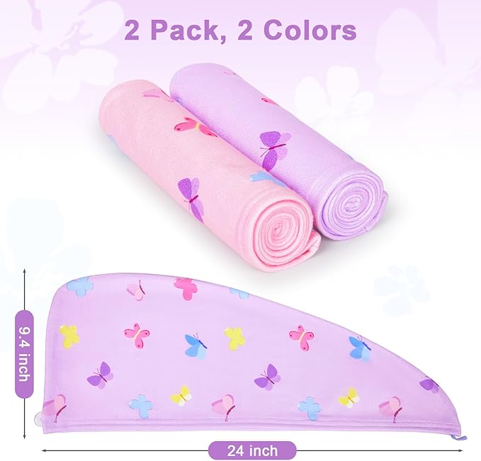 Unicorn Castle Microfiber Hair Towel for Kids 2Pack Hair Wrap Towels Absorbent Hair Drying Towel Wrap Hair Turbans for Curly Thick Hair, Purple Pink Butterfly