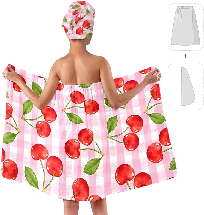 Cherry Bath Wrap with Hair Turban – Pink Check Microfiber Shower Skirt and Quick Dry Towel Set, Absorbent Lightweight Spa Wrap Gift for Women and Teens (Cherry 8)