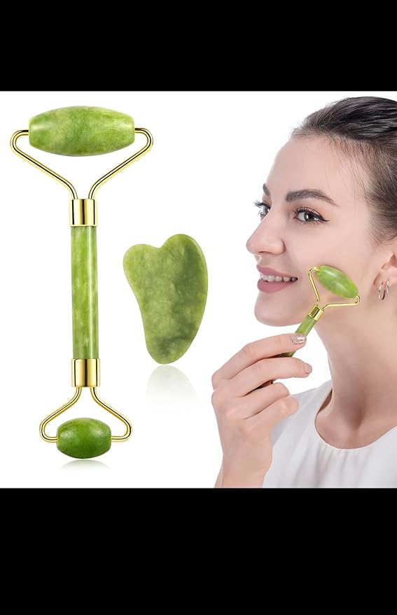 Jade Roller and Gua Sha Set, Natural Green Stone Facial Massage Tools with Gold Accents, 2-Piece Beauty Kit