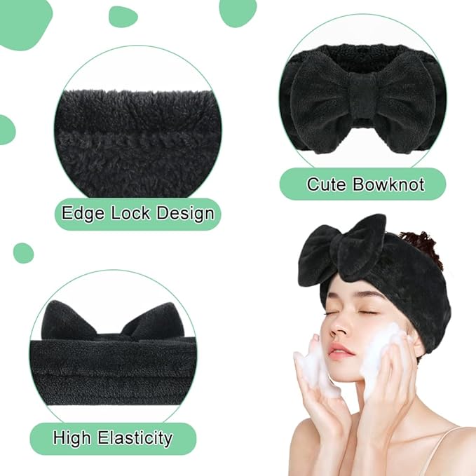 Shintop Spa Headband, Soft Carol Fleece Makeup Headband with Cute Bow Elastic Hairband for Washing Face Skincare Facial Mask Showers（Black）