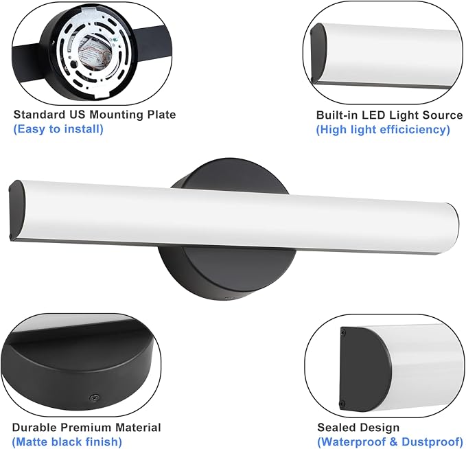 FOLKSMATE 2-Pack Modern Dimmable LED Vanity Light Bar Lighting Fixtures, 15.9 Inch LED Bathroom Light Fixture Over Mirror, 15W 1300LM Daylight White 5000K Wall Sconces Lighting, Black Bath Lamp Bar